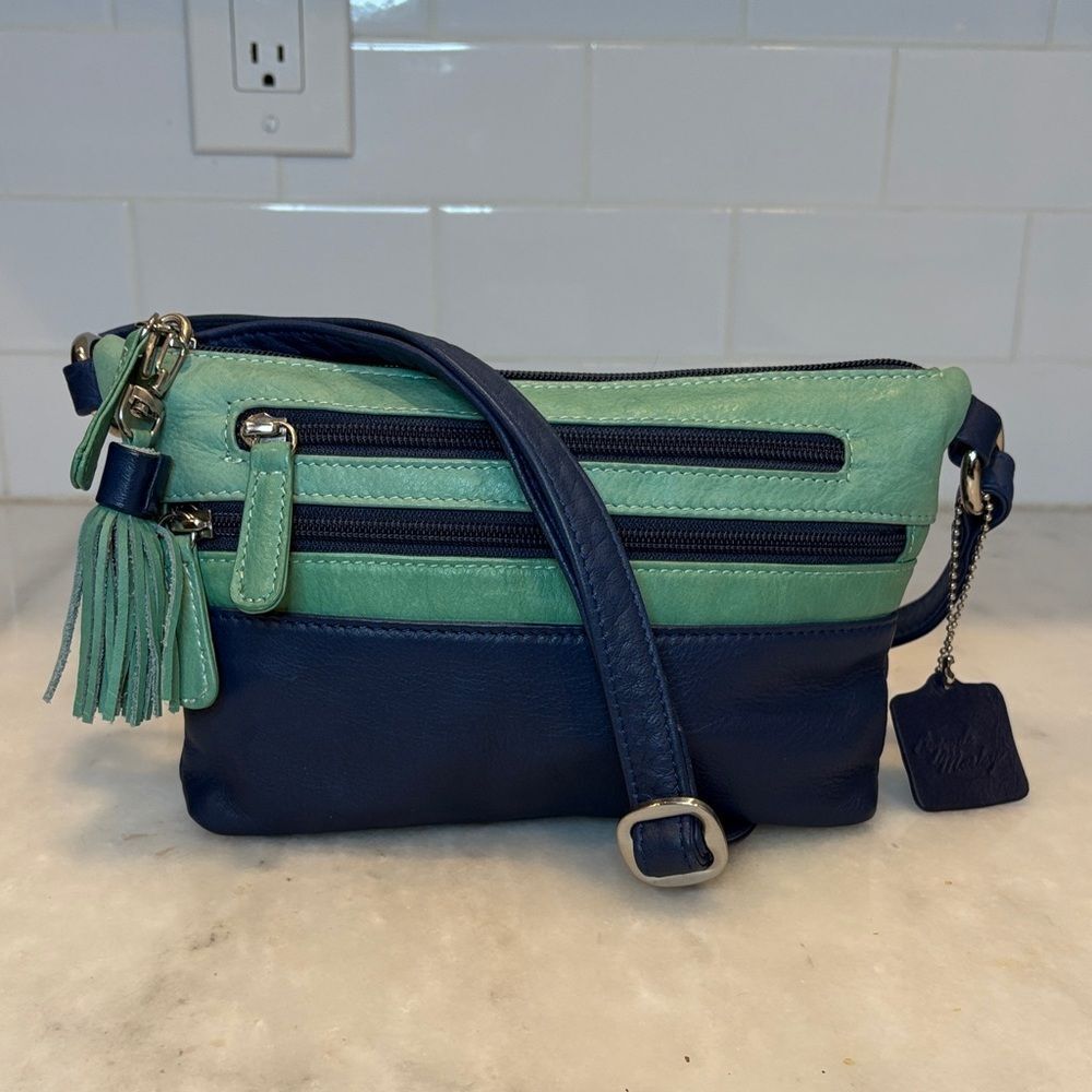 Osgood Marley Purse Blue Mint Green Leather Crossbody Organizer Bag Tassel RFID